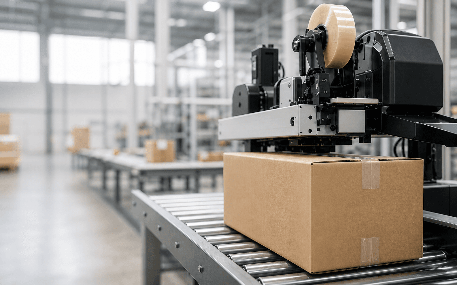 Máquina automática sellando una caja en una línea de embalaje