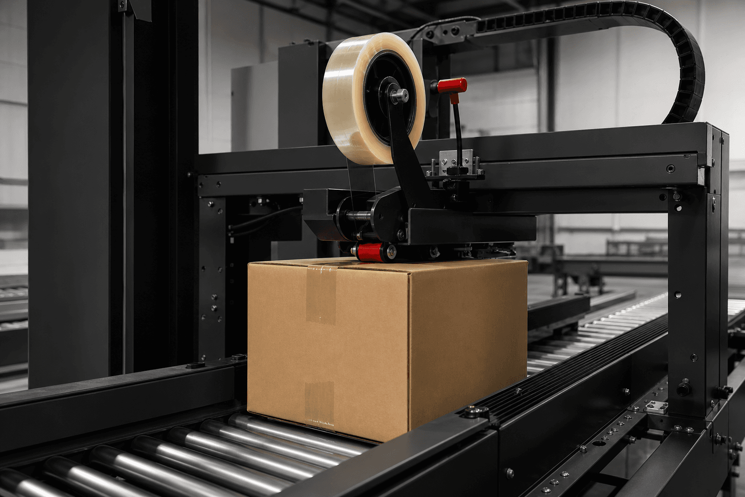 Máquina automática sellando una caja de cartón